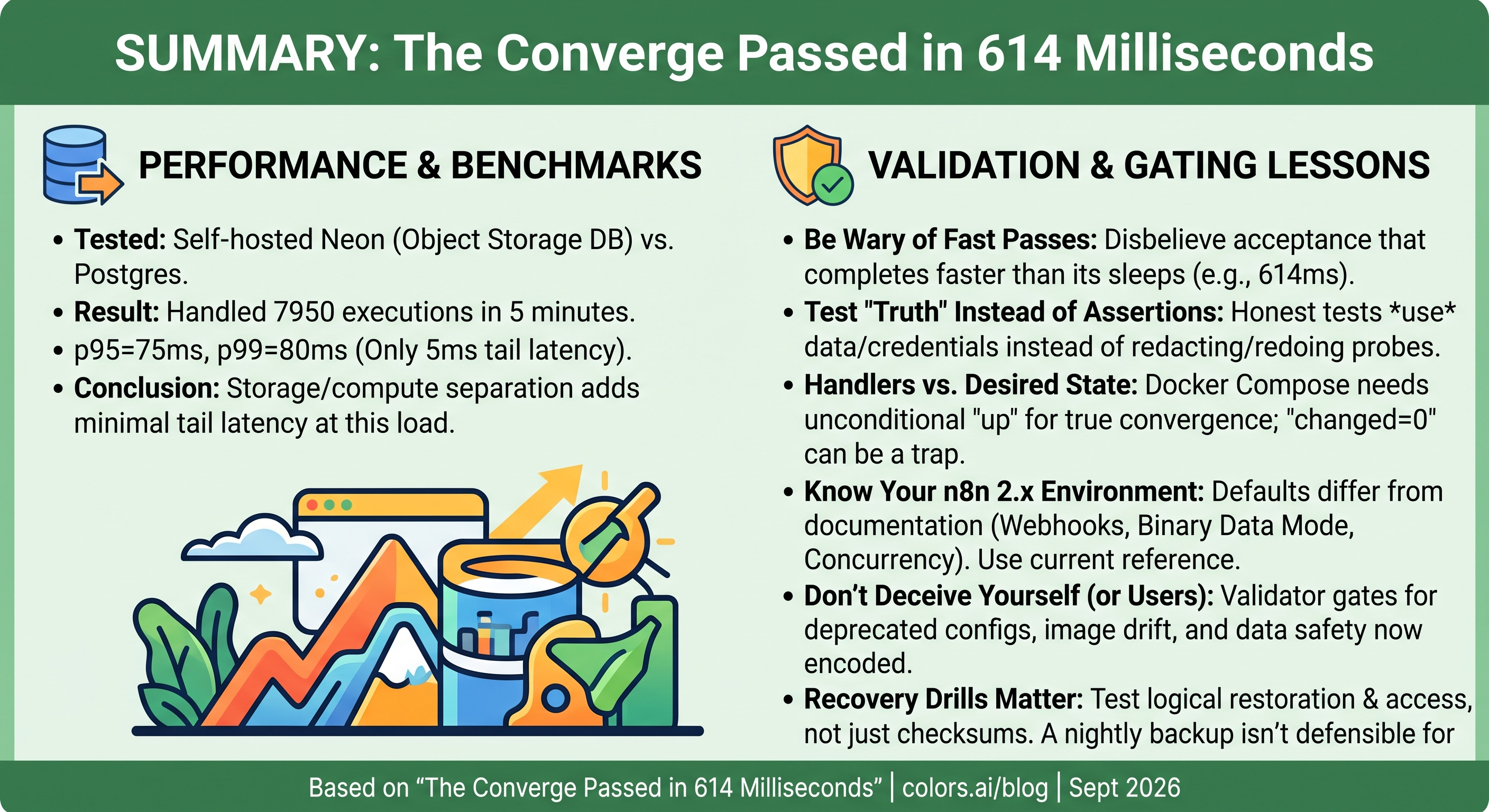 Summary of the n8n field report in two columns. Performance and benchmarks: self-hosted Neon on object storage handled 7950 executions in five minutes at p95 75 ms and p99 80 ms, so storage/compute separation adds minimal tail latency at this load. Validation and gating lessons: disbelieve acceptance that finishes faster than its own sleeps, prove a credential by using it rather than reading it back, give Docker Compose an unconditional up because changed=0 is a trap, check n8n 2.x defaults against the current reference, encode traps as validator gates, and drill recovery rather than checksums.